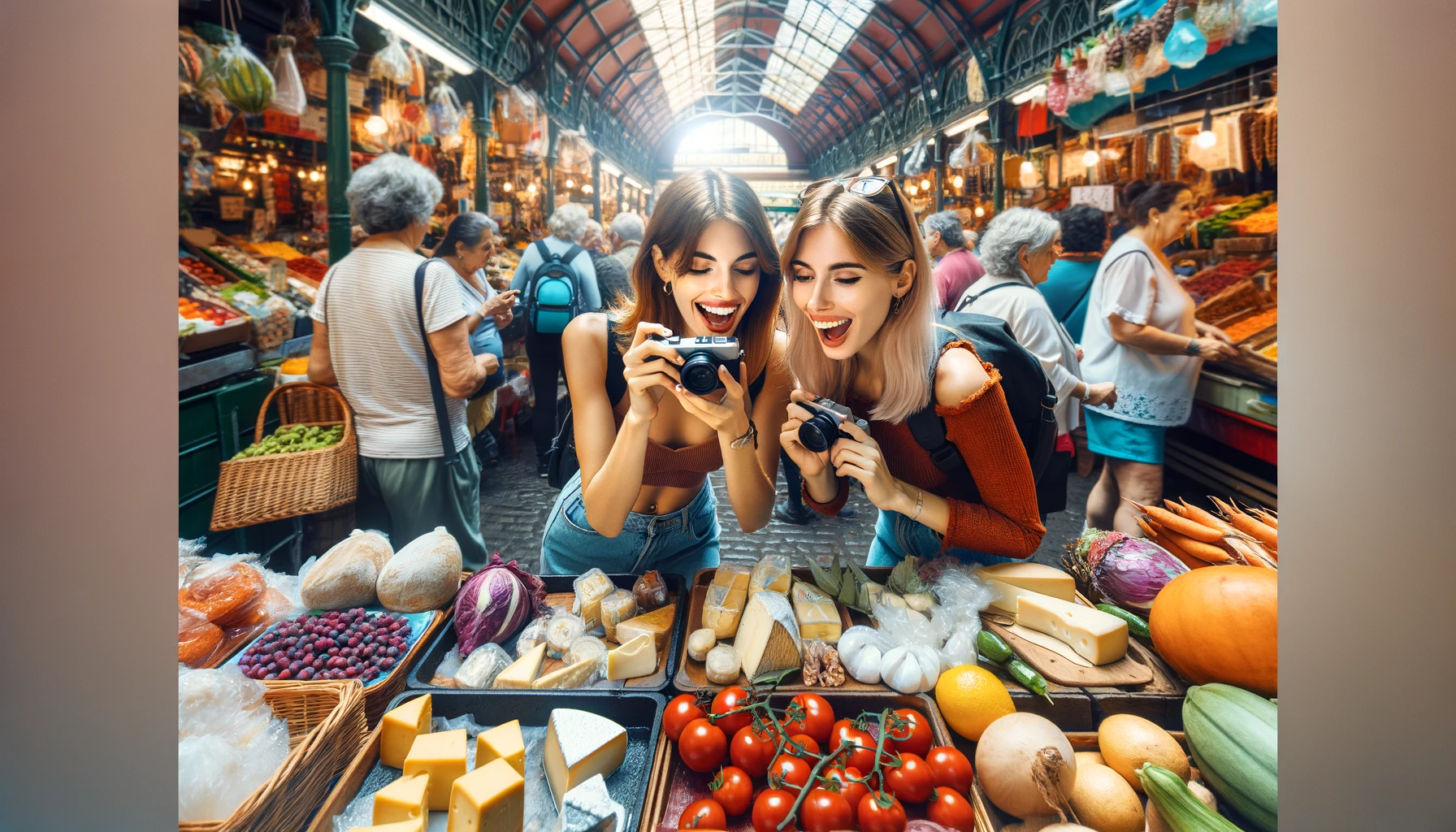 two tourist women discovering the gastronomic market of regional products