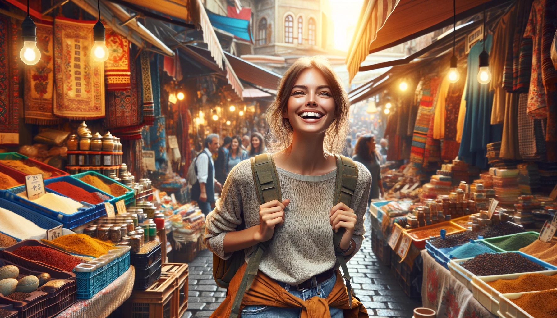cheerfully female tourist in Istanbul, exploring a vibrant local market
