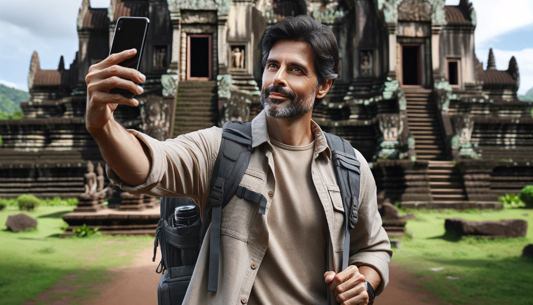 a male tourist with a smartphone in front of an ancient temple in Asia.