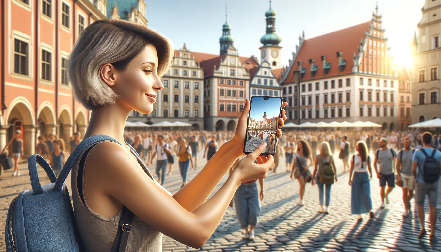 a female tourist holding a smartphone in a European city square.