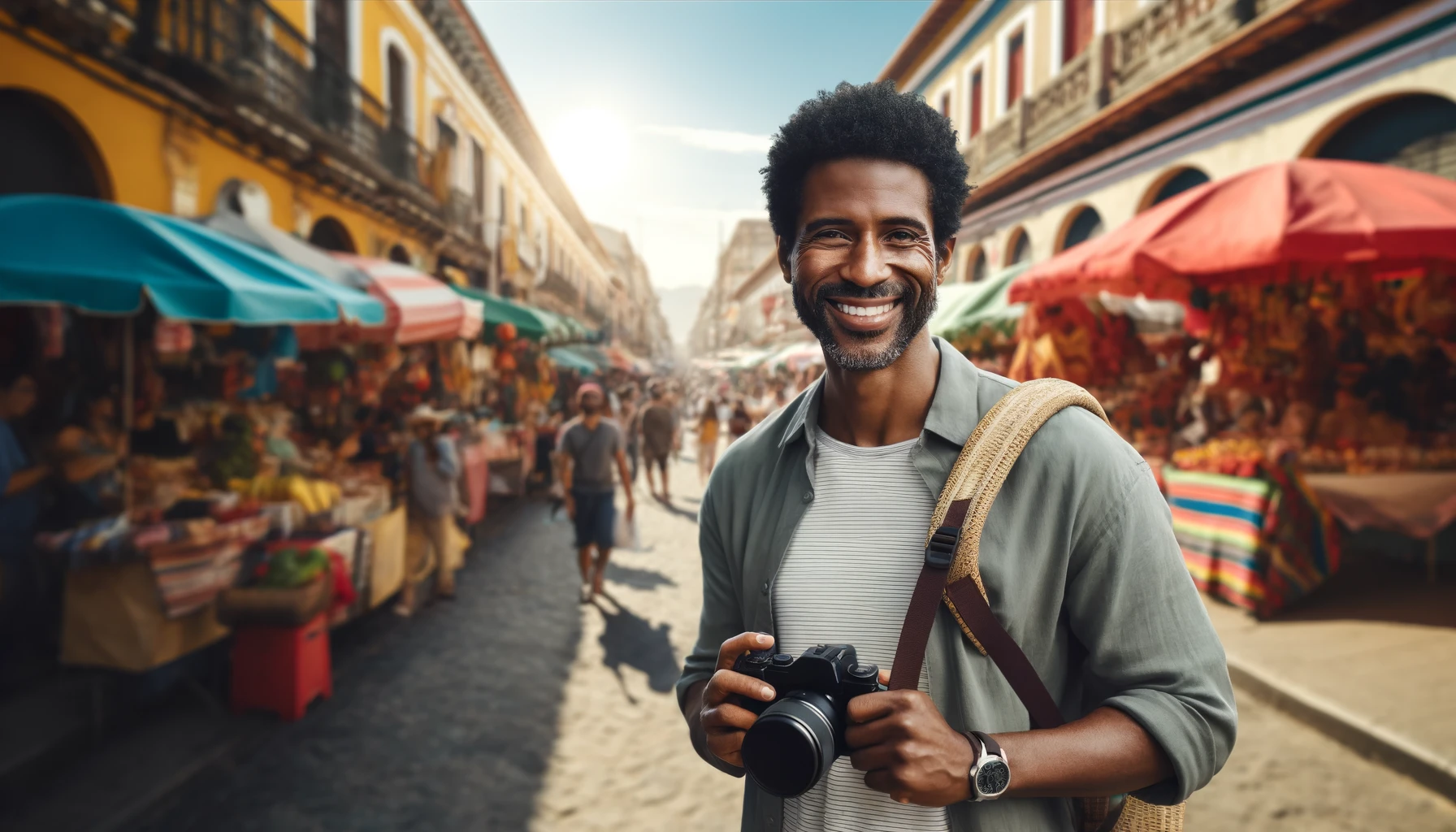 an African-American male tourist smiling while exploring a bustling market street in South America.