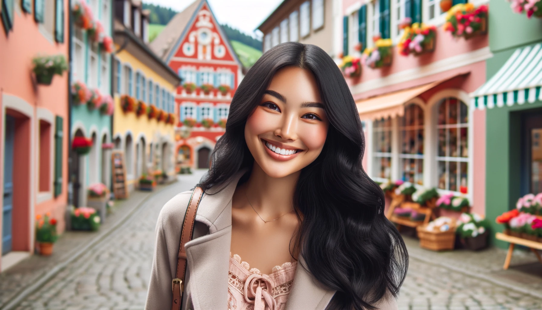 an Asian female tourist with long black hair smiling in a quaint European village.
