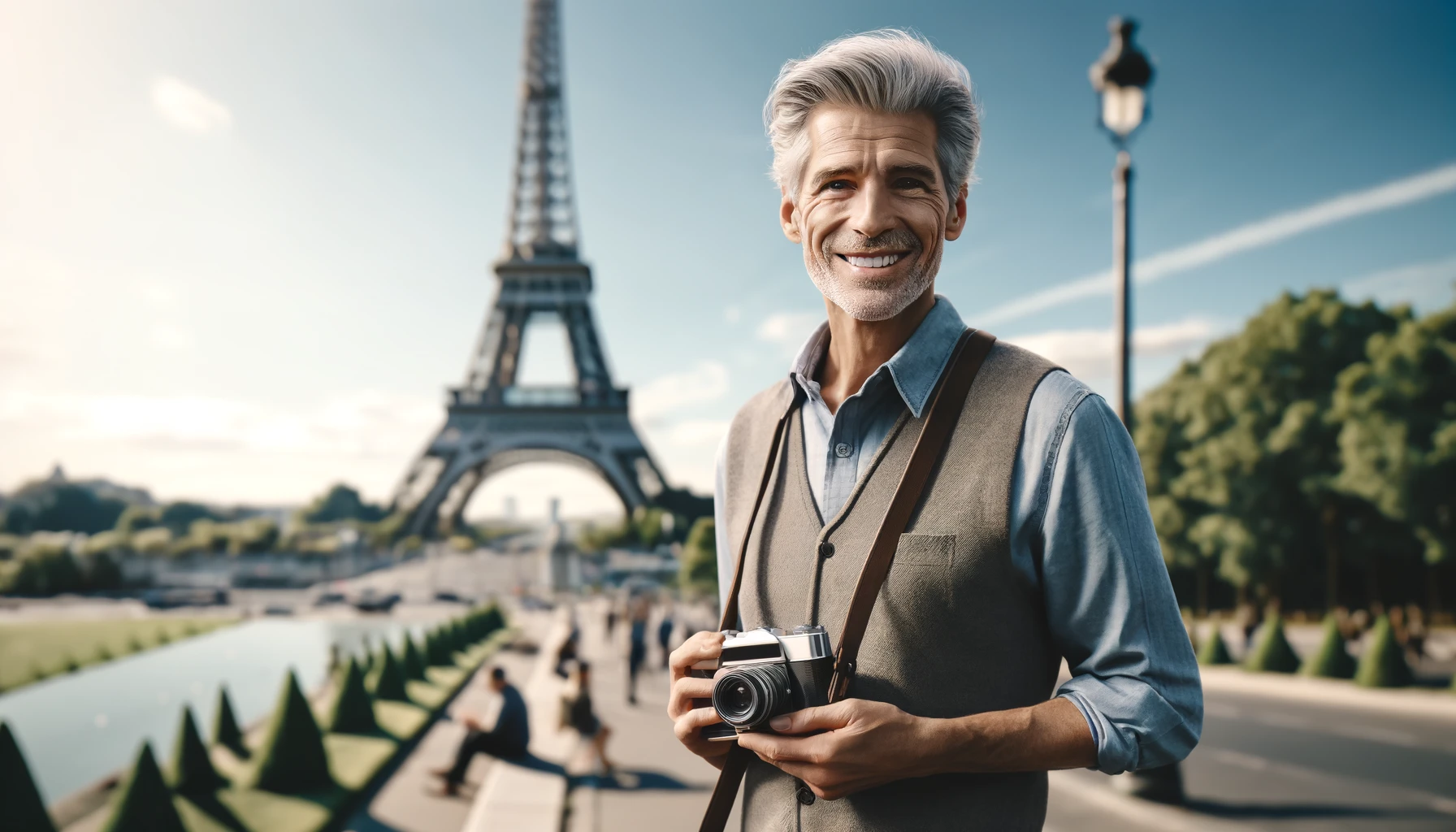 an elderly Caucasian man with grey hair, smiling as he enjoys the view of a famous landmark, the Eiffel Tower, in Paris.