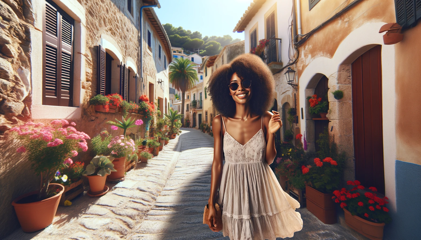 a young African-American woman with curly hair smiling while exploring a Mediterranean village.
