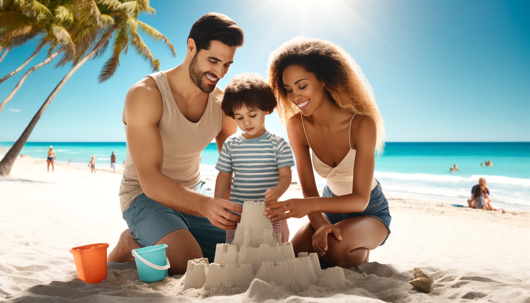 a family consisting of a mother, father, and a son enjoying a sunny day on a beach. The mother is African-American, the father is Hispanic, and their child is mixed-race.
