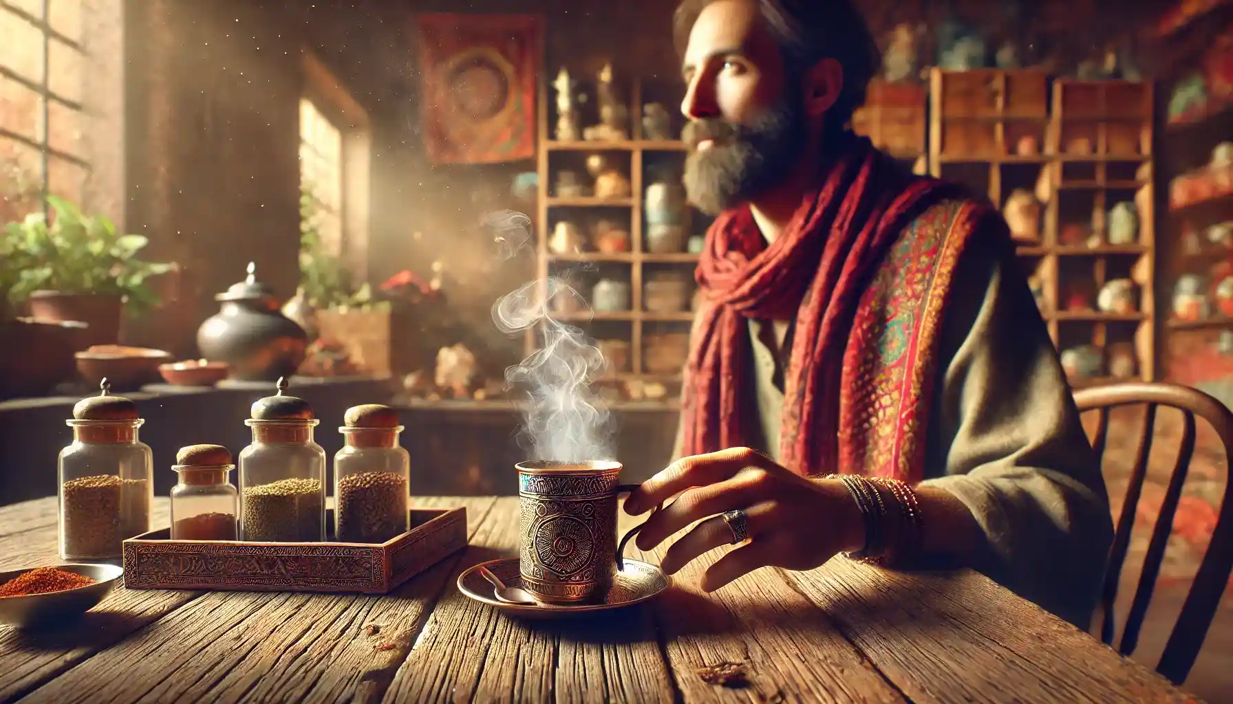 A man is holding a cup of Indian masala tea in a cozy setting.