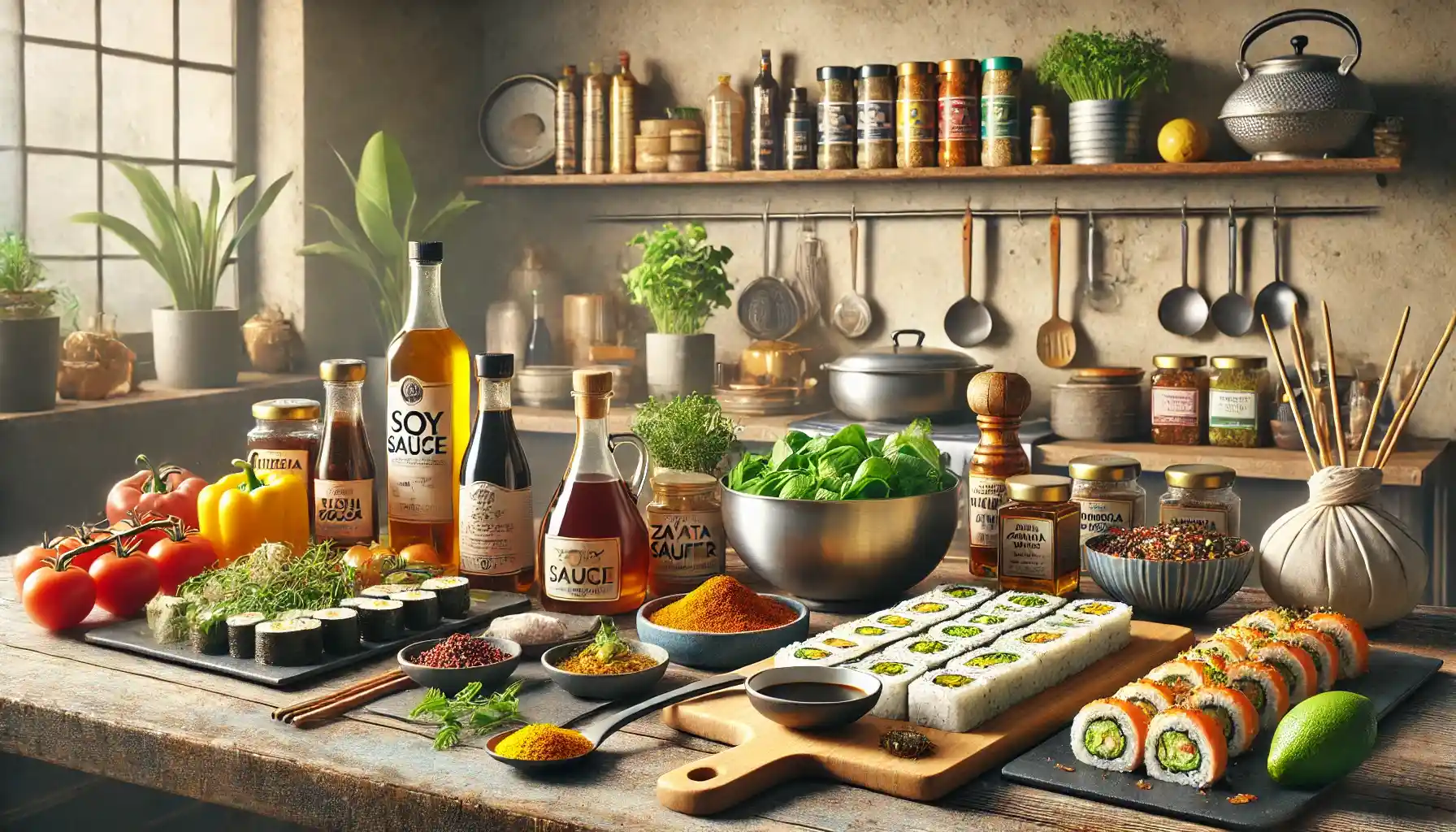 a cozy kitchen with an array of international ingredients and dishes.
