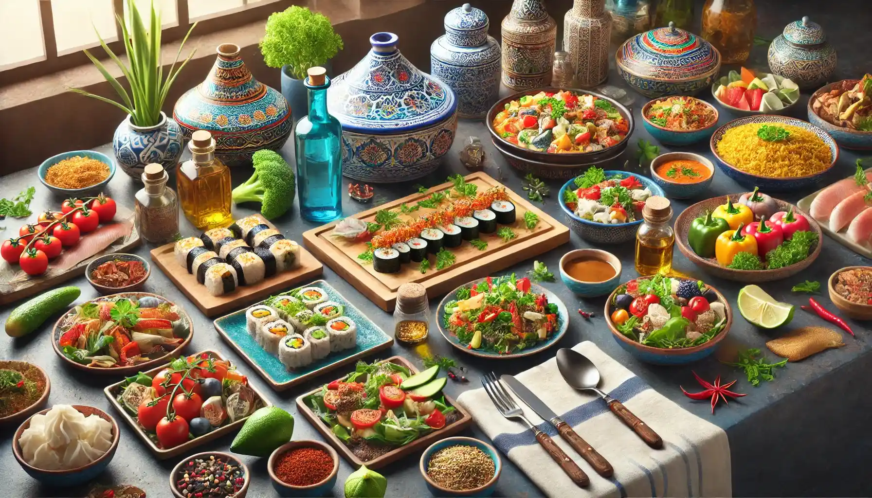a dining table set with global dishes, featuring vibrant international flavors.