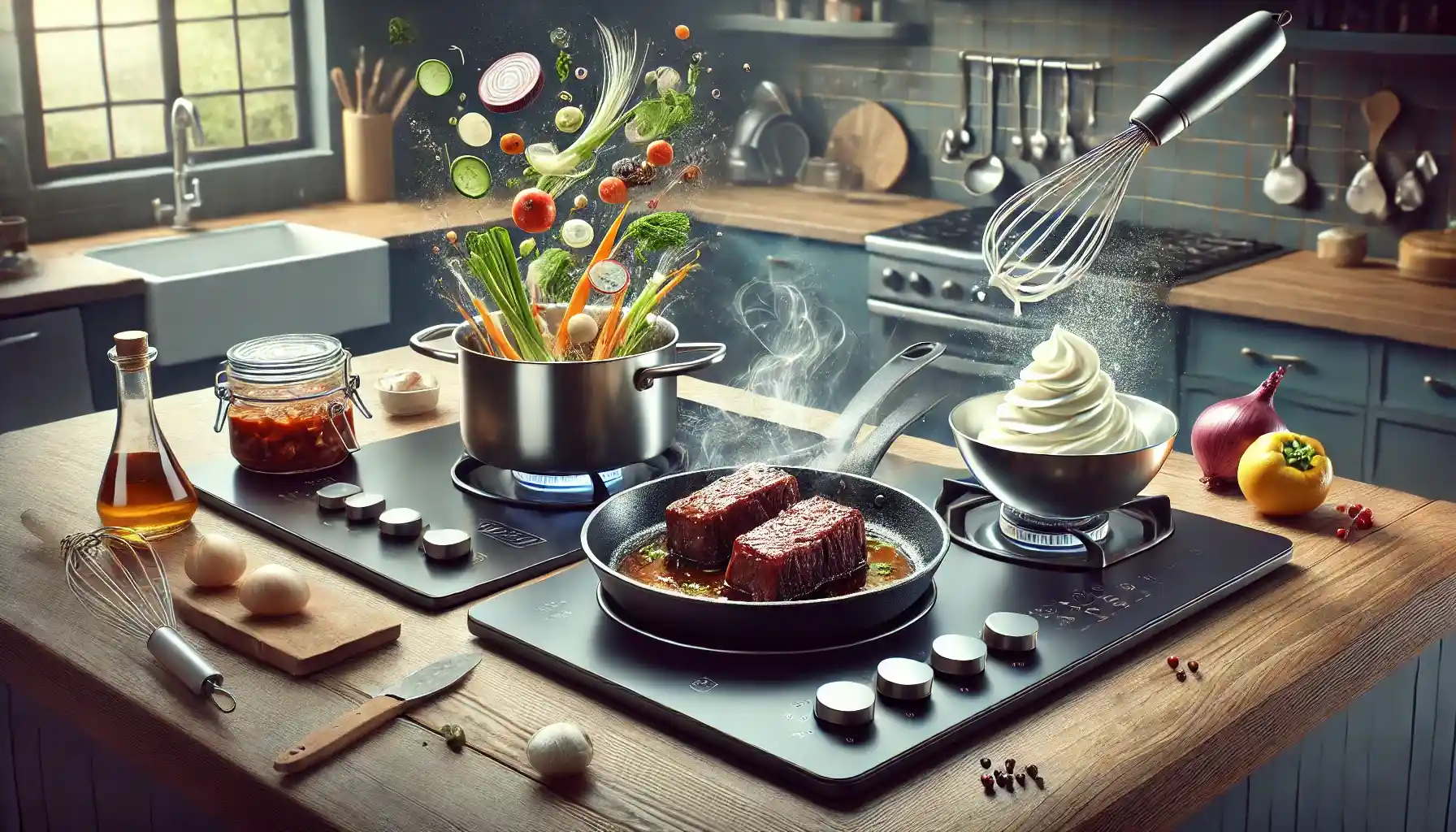 a modern kitchen counter featuring a variety of cooking techniques in action.