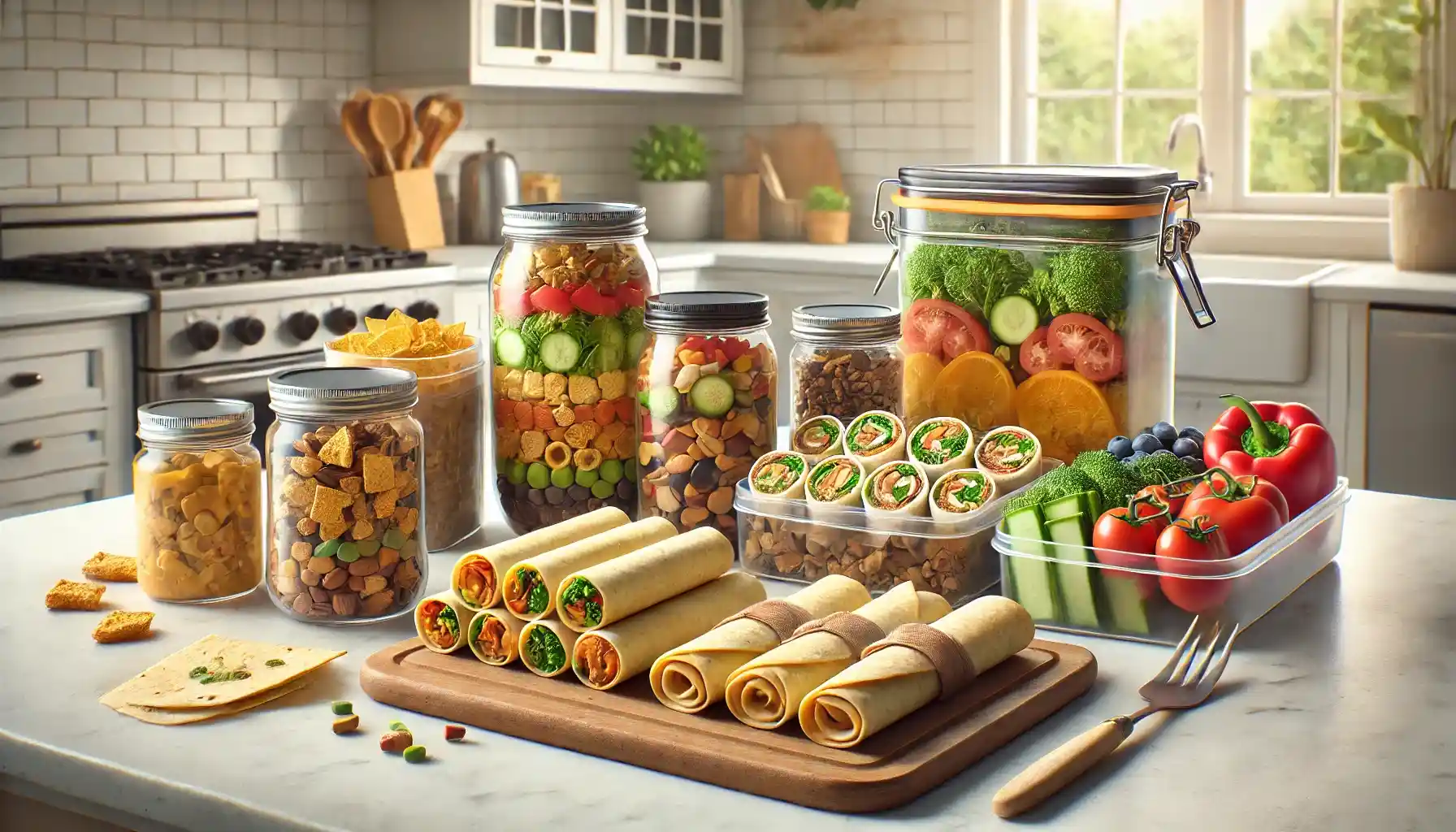a kitchen countertop with various quick and easy recipes prepared for on-the-go meals