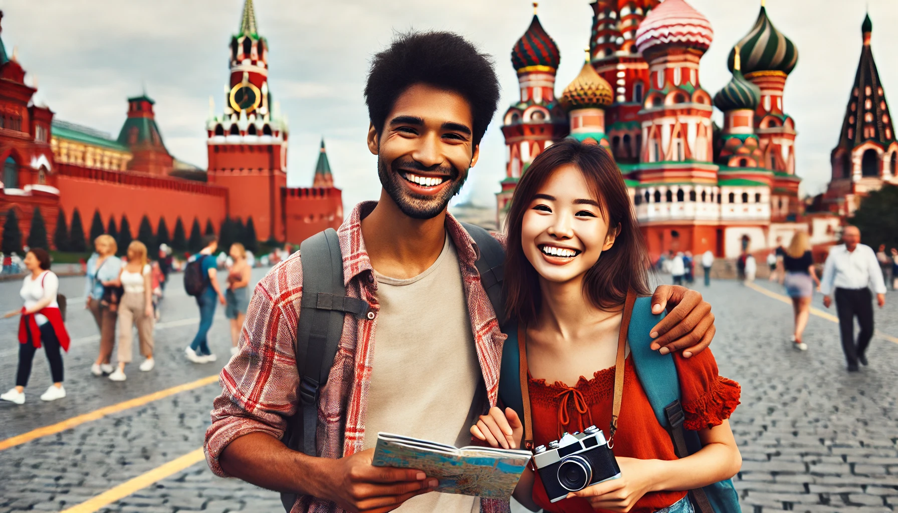 An interracial couple of tourists (African American man and Asian woman) exploring the Red Square in Moscow, with the Kremlin walls and historical buildings in the background.