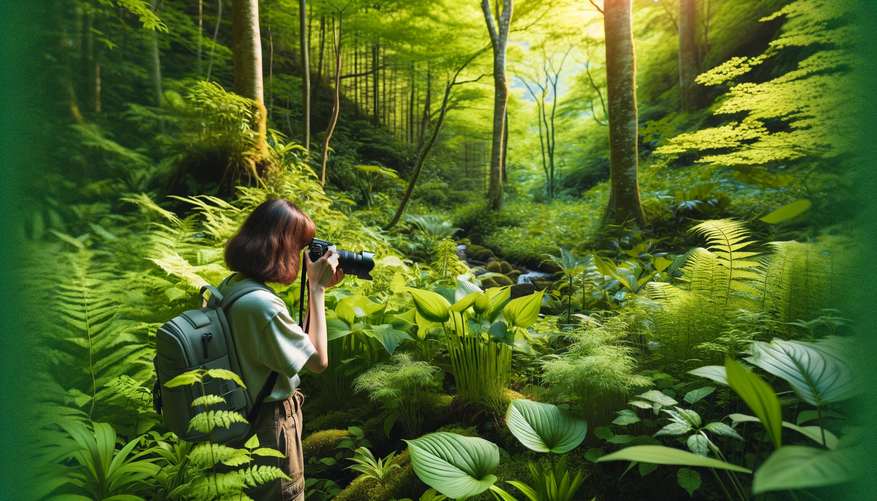 A woman taking pictures of plants in a lush, green forest. She is holding a camera, wearing casual outdoor clothing, and surrounded by dense foliage and various types of plants.