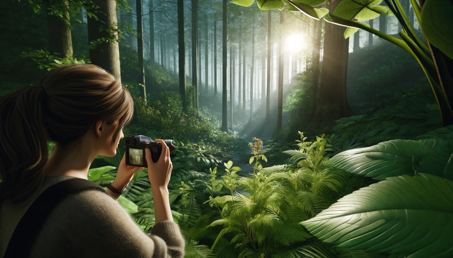 a woman taking a picture of plants in a dense forest. She is holding a camera and focusing on a specific plant.