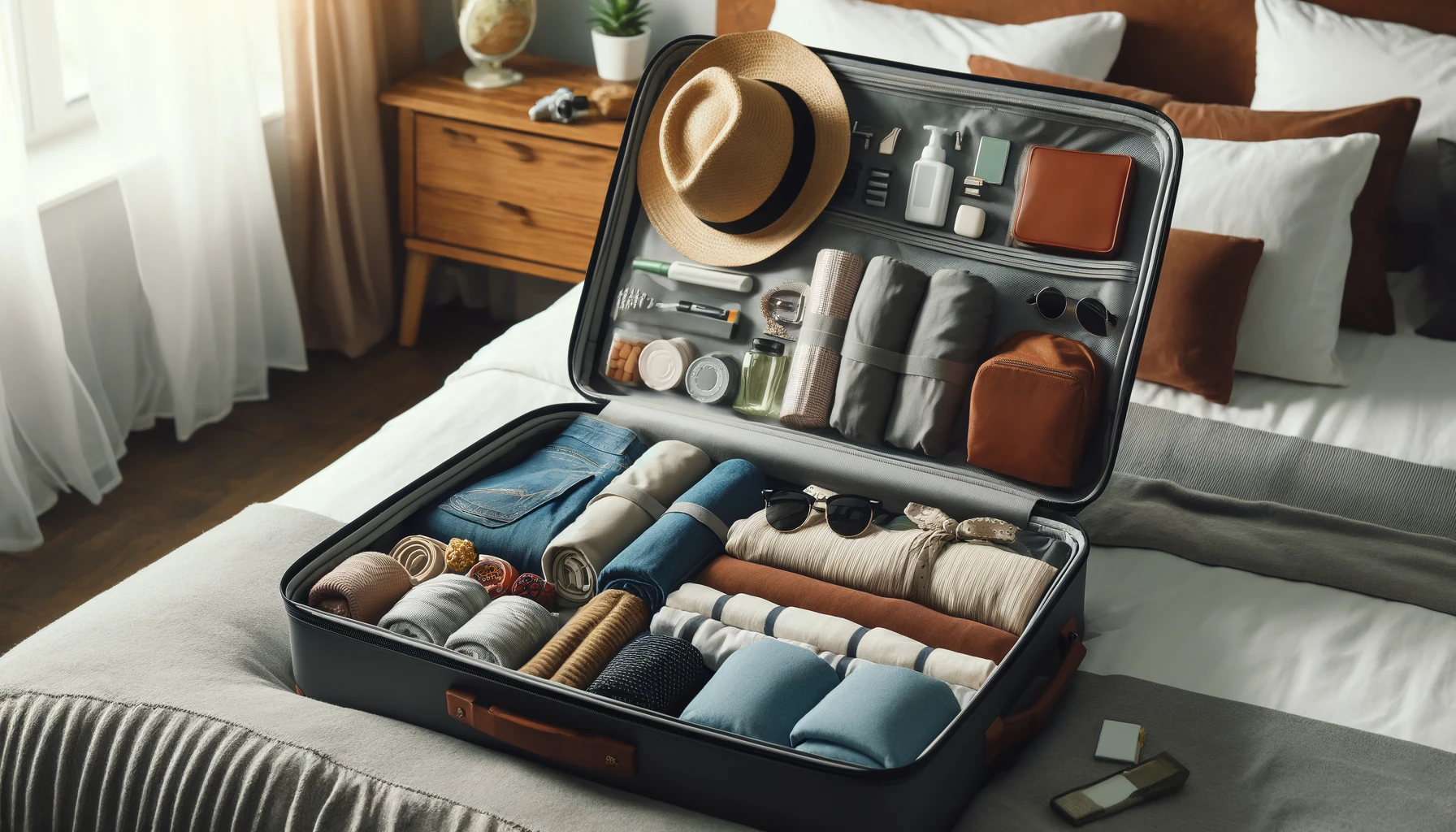 A well-organized suitcase open on a bed, showing neatly packed clothes, toiletries, and travel essentials. The suitcase includes packing cubes, rolled clothes, a hat, sunglasses, and a small bag of toiletries