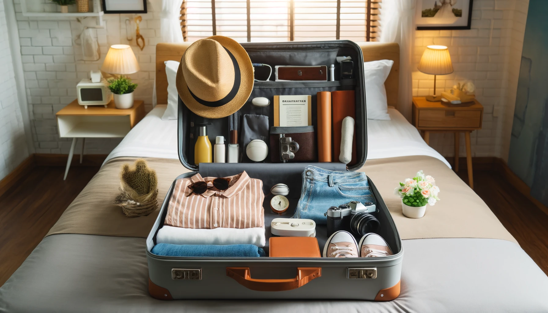 A neatly organized suitcase open on a bed, filled with travel essentials including clothing, a hat, sunglasses, toiletries, a camera, and travel documents.