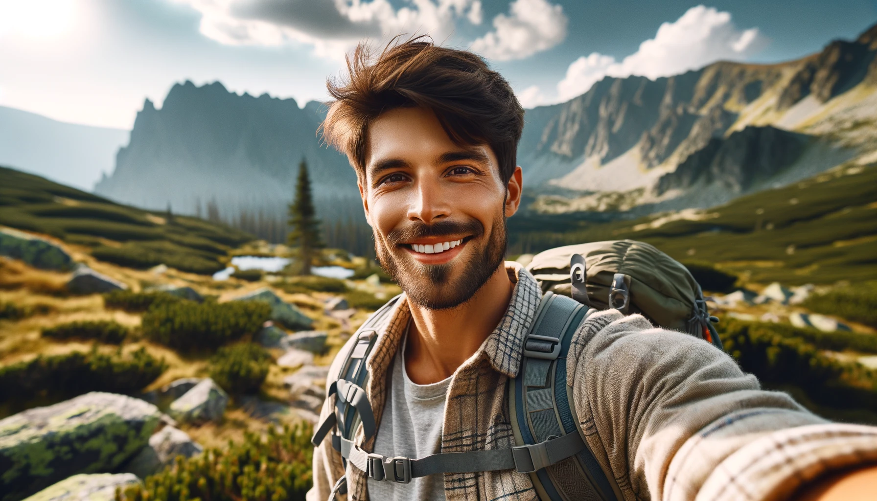 A smiling male tourist in his late 20s, with short brown hair and a light beard, wearing a casual outdoor outfit with a backpack, standing on a rocky trail with a scenic mountain landscape in the background.