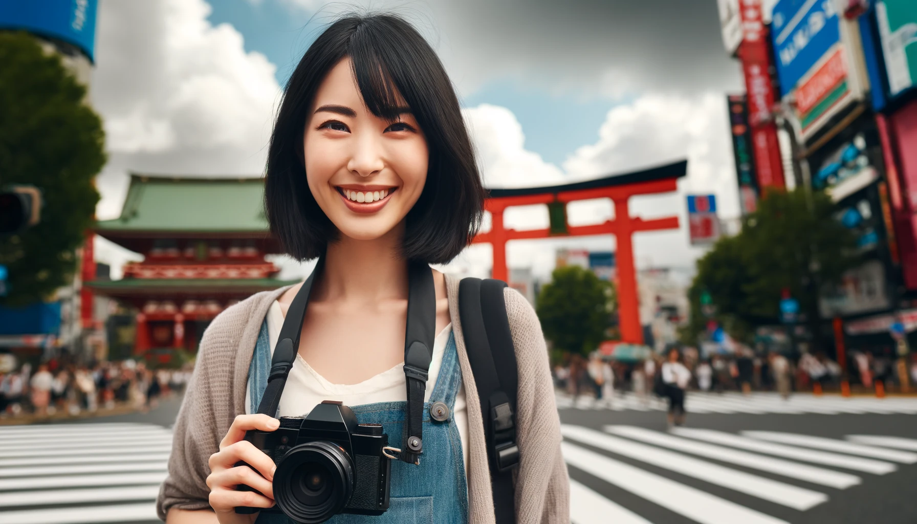 A smiling Asian woman in her late 20s with shoulder-length black hair, wearing a casual outfit with a camera around her neck, standing in Japan.