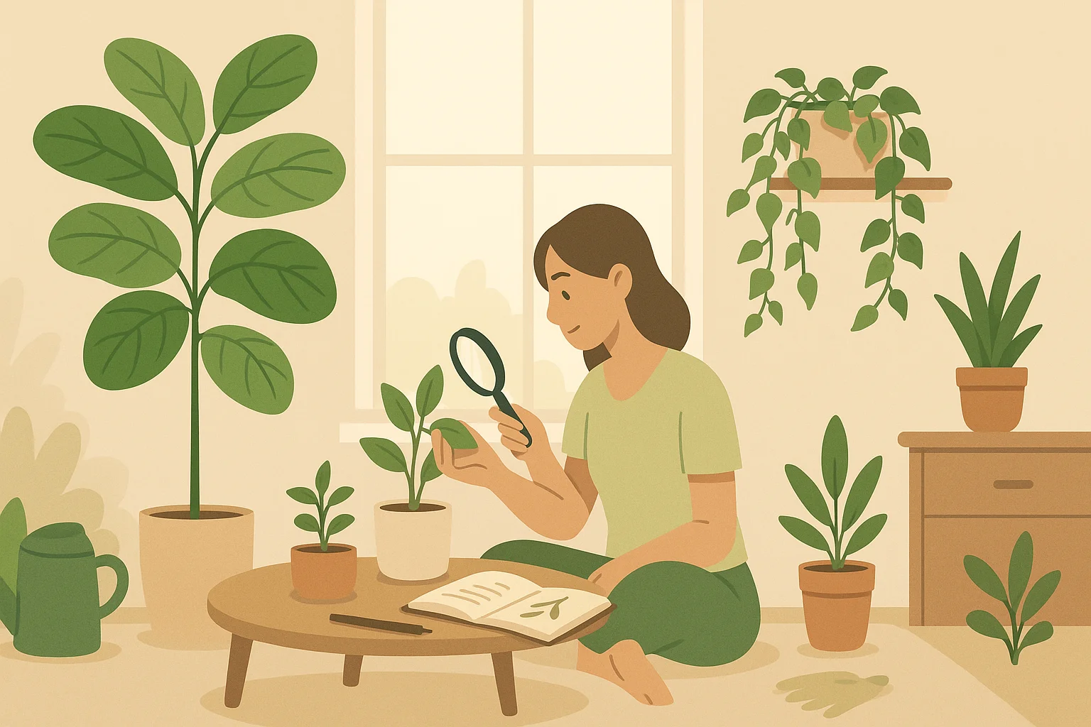 A woman observes plants that grow in her room.