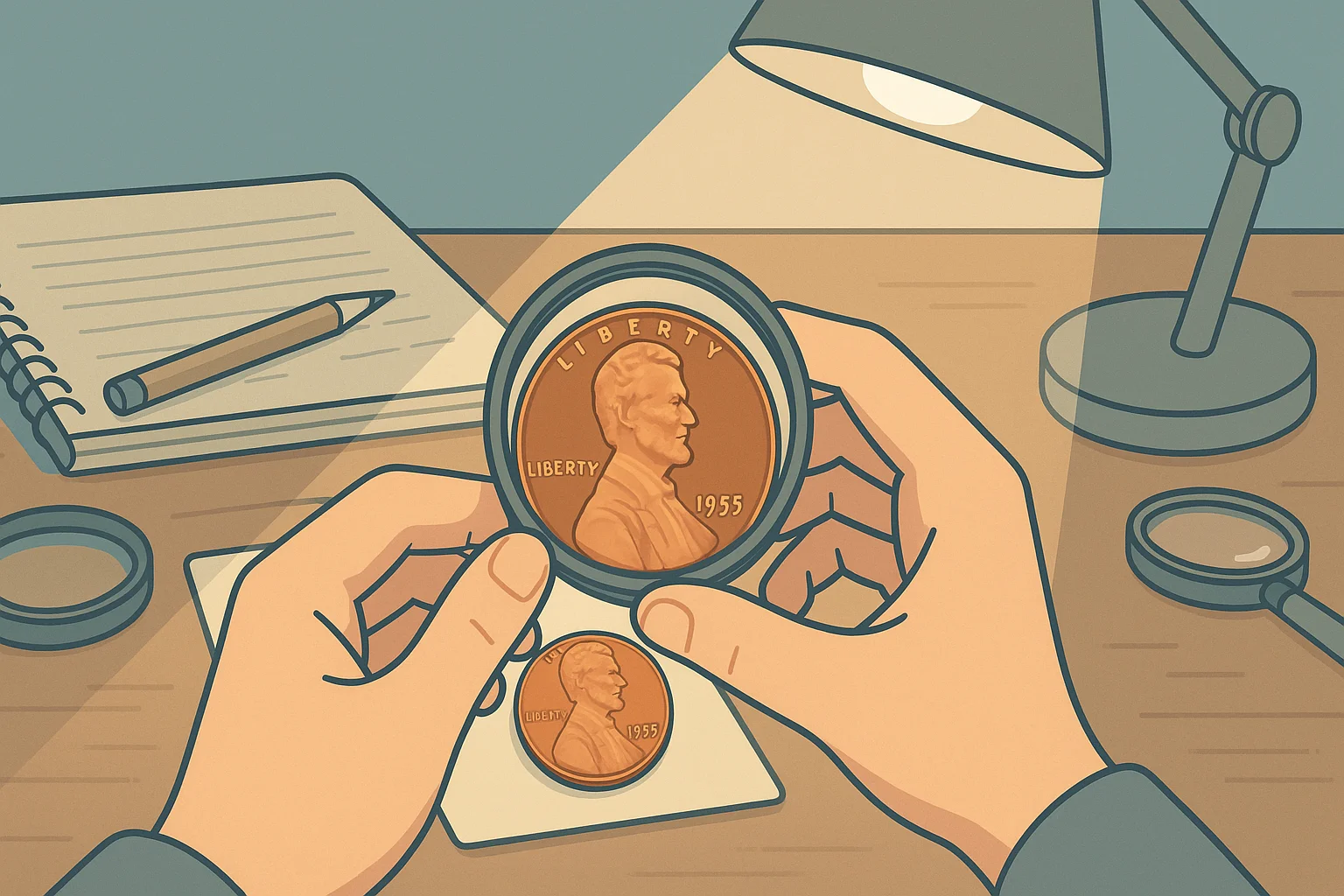  Collector’s hands holding a 1955 Lincoln Wheat penny.
