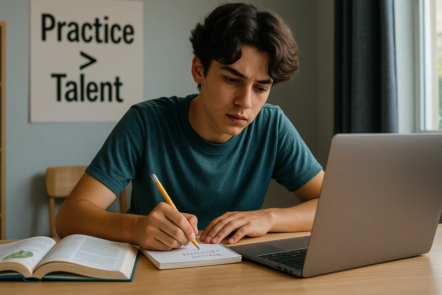 A teenage student studies biology at home, surrounded by notes and a motivational poster that reads “Practice > Talent,” reminding us that intelligence grows with effort.