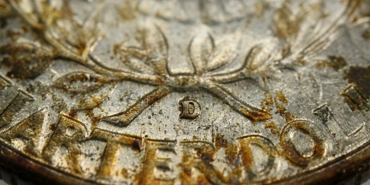 A macro close-up of a quarter mint mark area